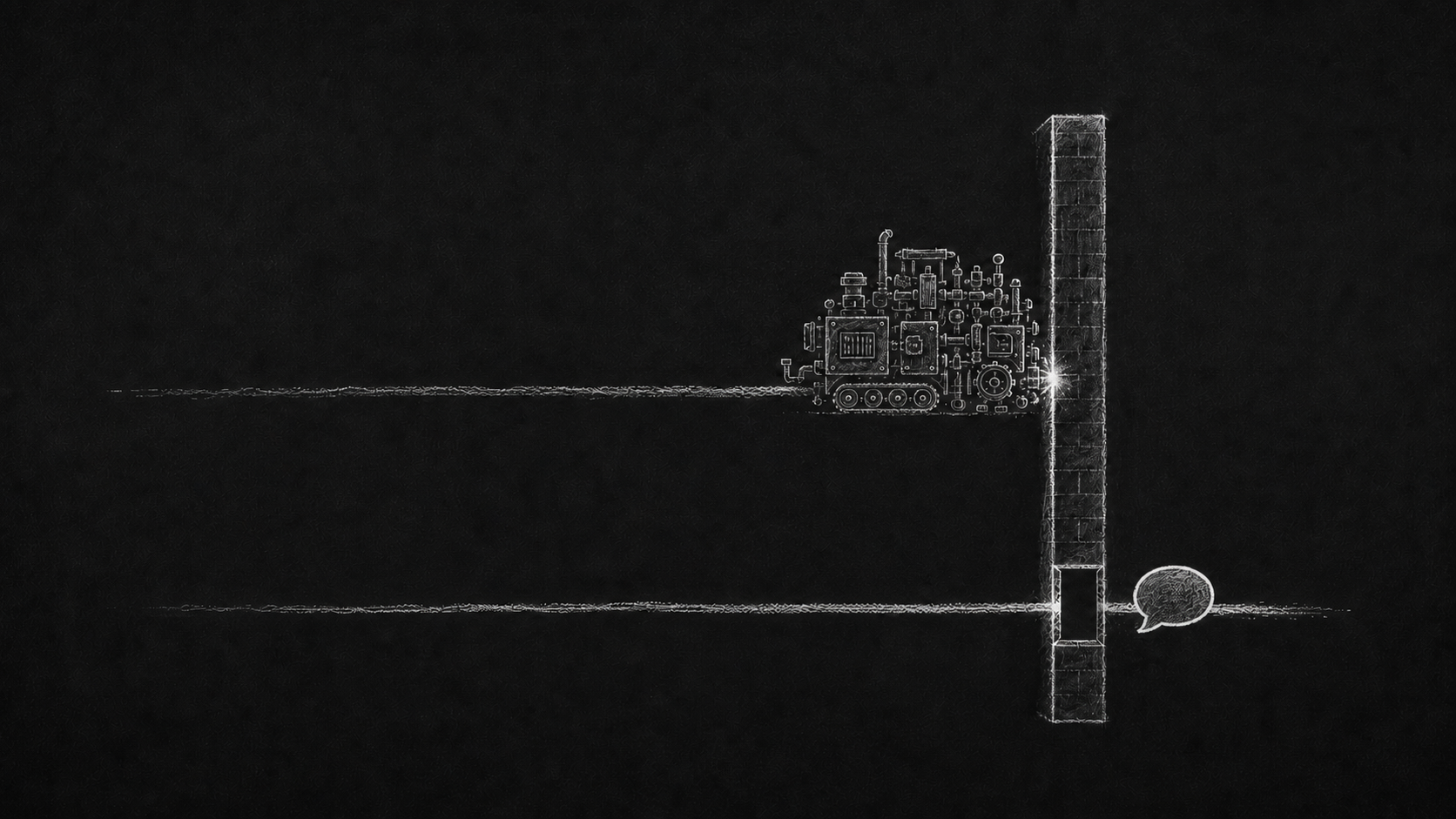 A dense machine stops at a wall while a simple chat bubble passes through.