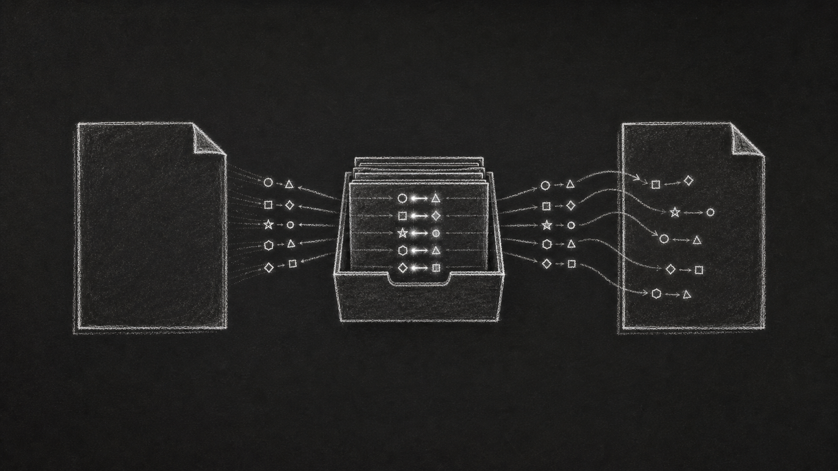 Two documents exchanging paired shapes through a custom card index.