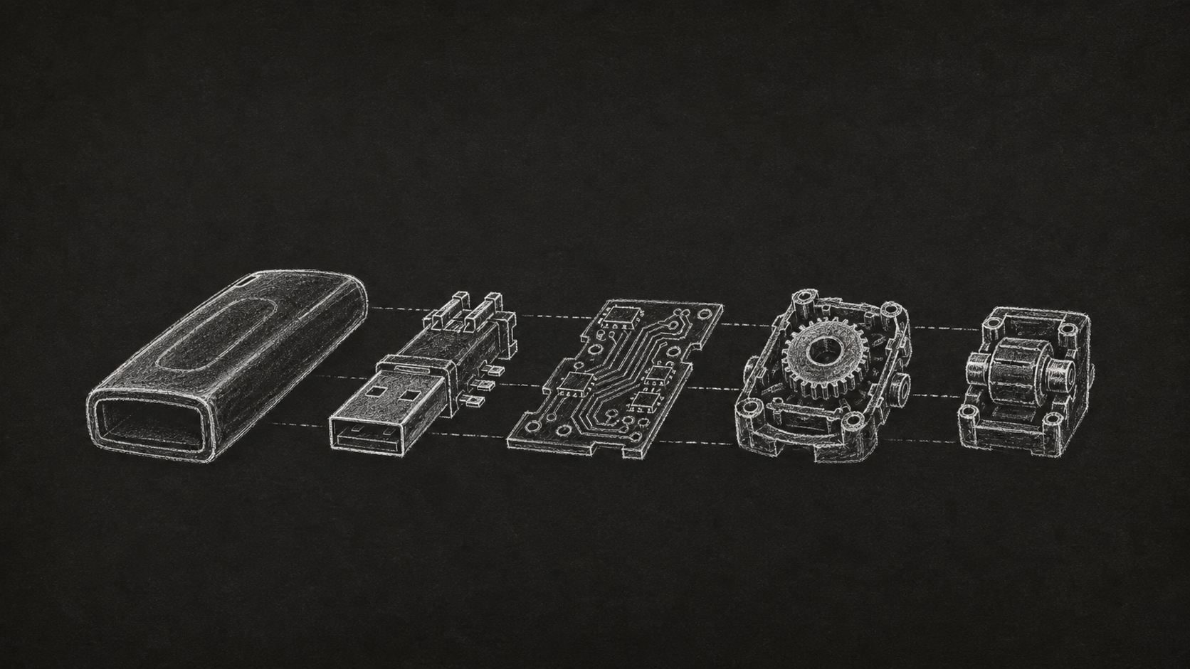 A compact hardware device exploded into five aligned mechanical components.