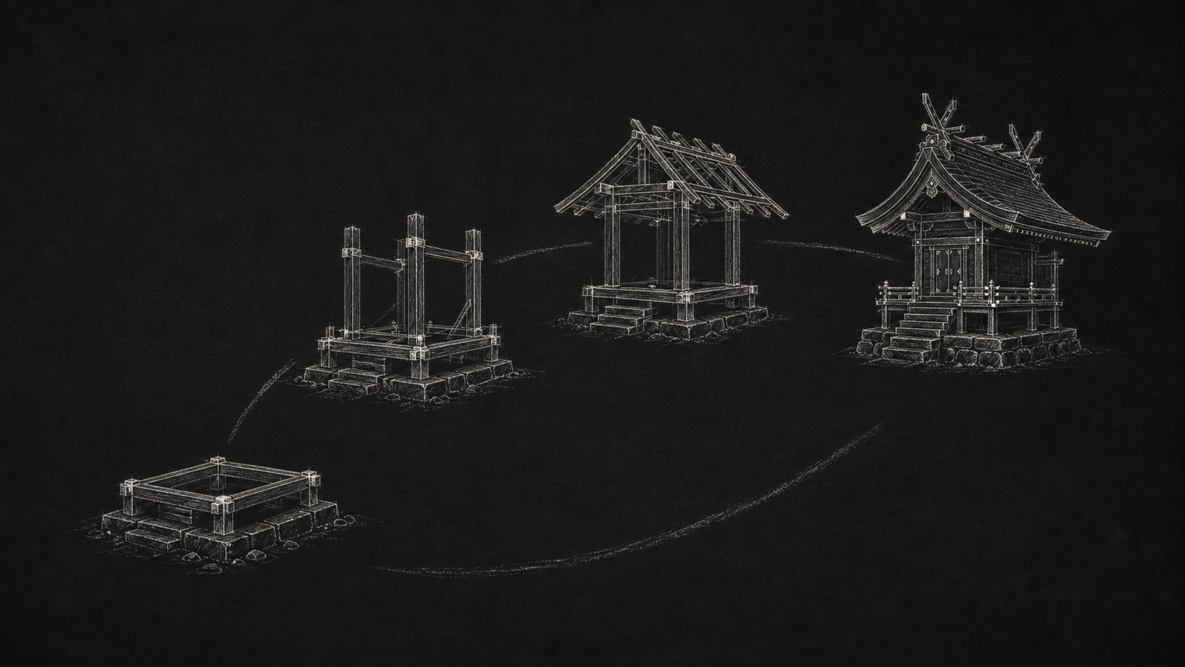 Four stages of a timber shrine rebuilding around an open cycle.