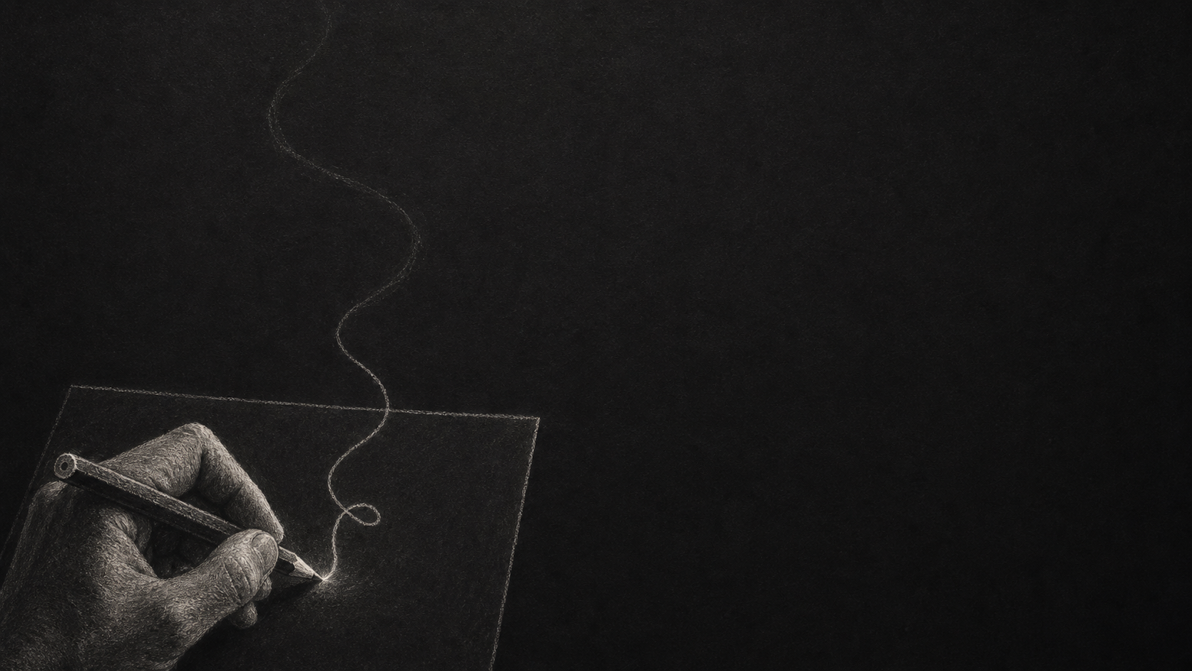 A hand catching a wandering thought thread with a pencil on paper.