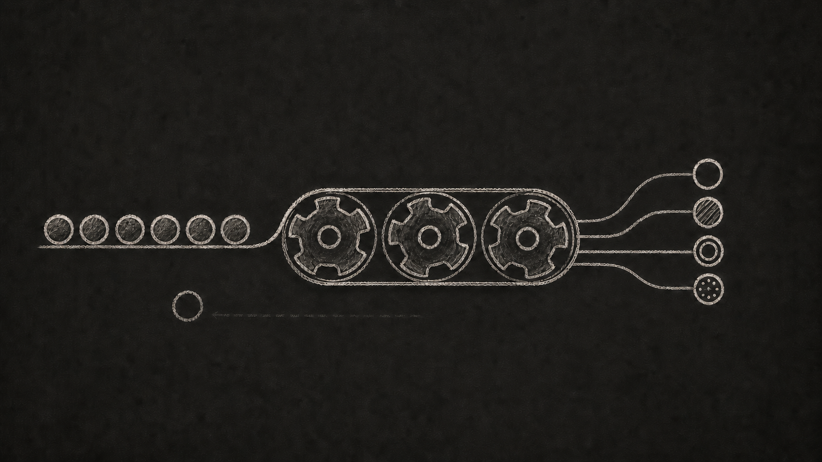 Repeated task tokens moving through three linked automation wheels into coordinated outputs.